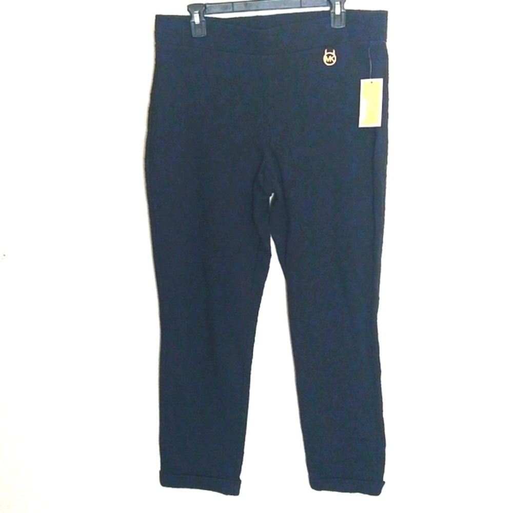 NWT Michael Kors Prussian Blue Black Stretchy  Pull On Cropped Pants Size XL